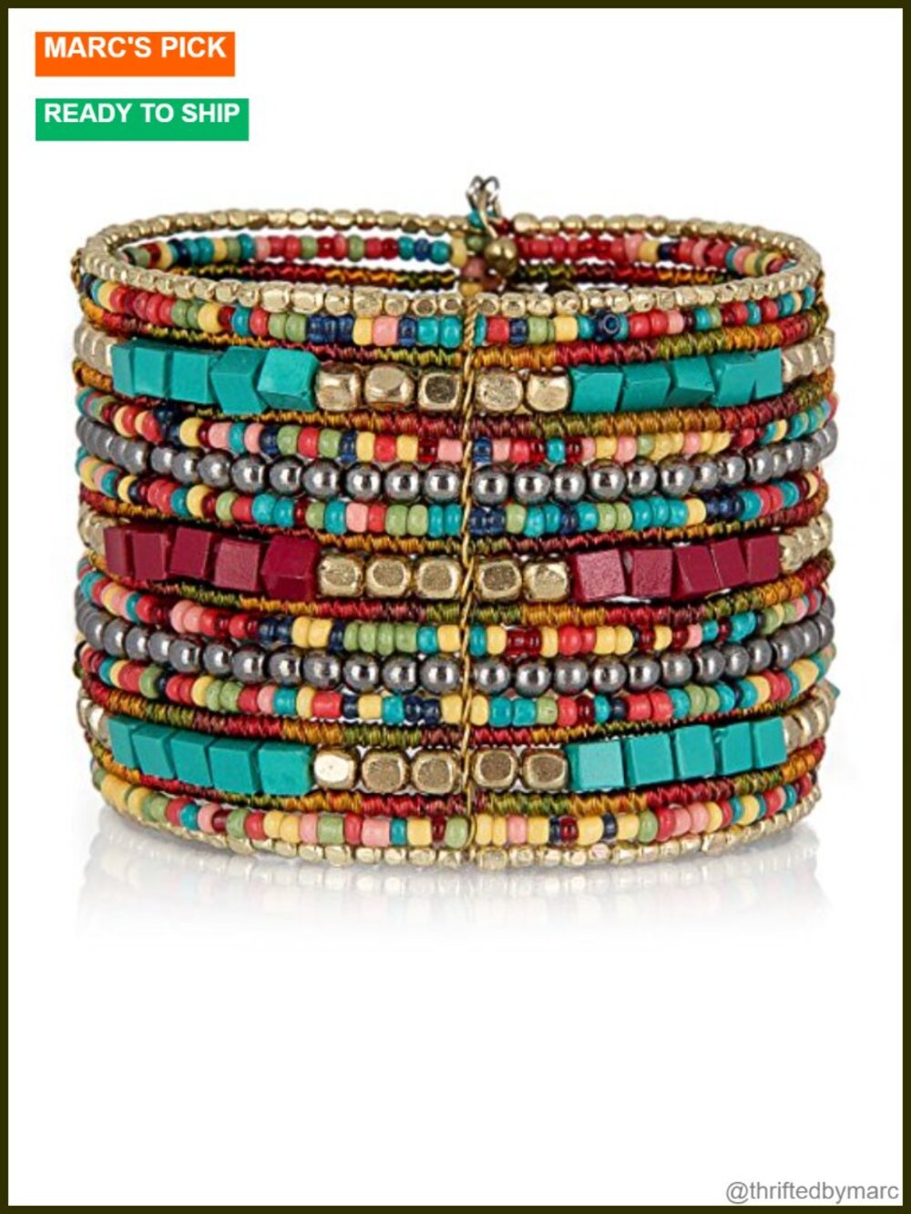Boho Cuff Bracelet Adjustable Stackable Beaded Wood Glass Metal